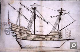 Drawing of a Spanish frigate showing measurements and armament (SP 9/205/1)