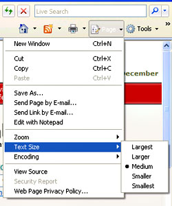 Screen shot showing how to change text size in Internet Explorer 7