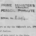Personal minute by Prime Minister Winston Churchill to the Home Secretary, querying the use of the Witchcraft Act of 1735 in the trial of medium Helen Duncan, 3 April 1944. Catalogue reference: HO 144/22172
