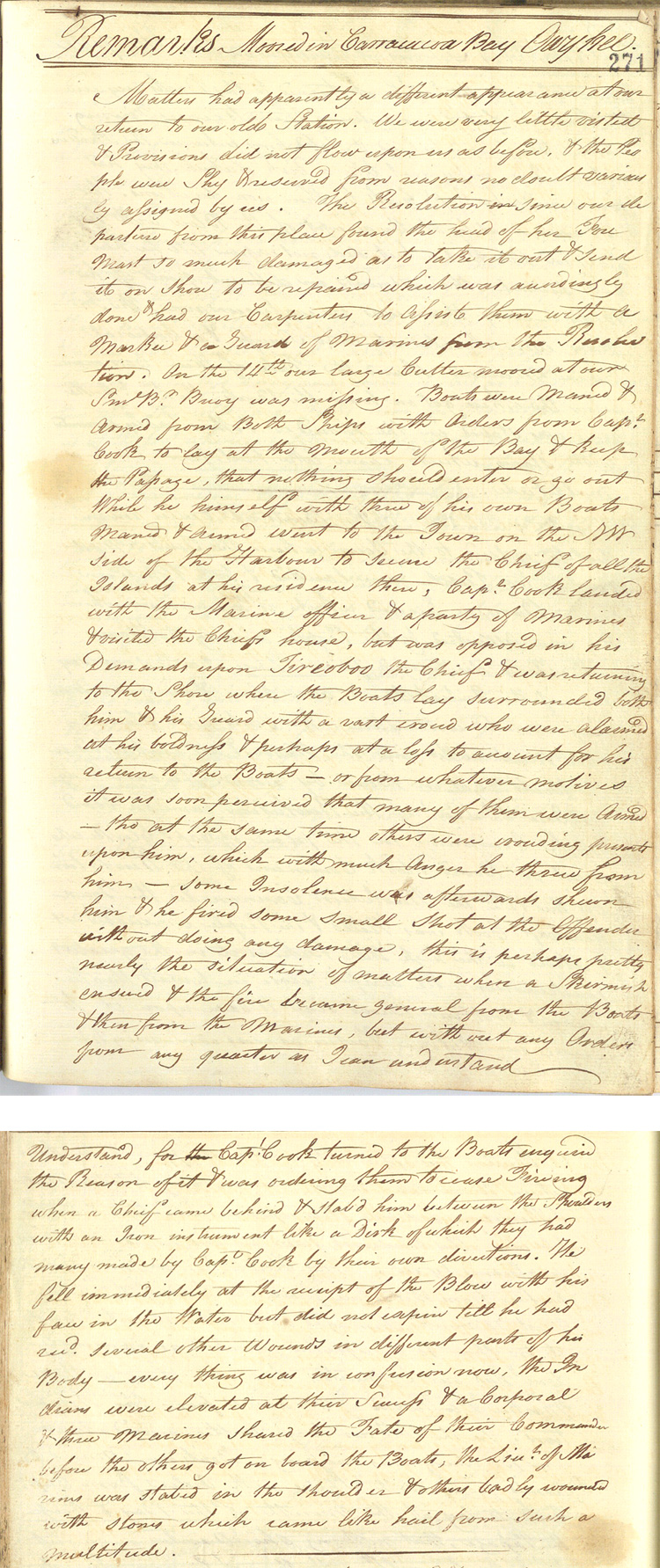 An account by John Rickman, Lieutenant on Resolution, of the murder of Captain Cook on 14 February 1779 (ADM 51/4529)