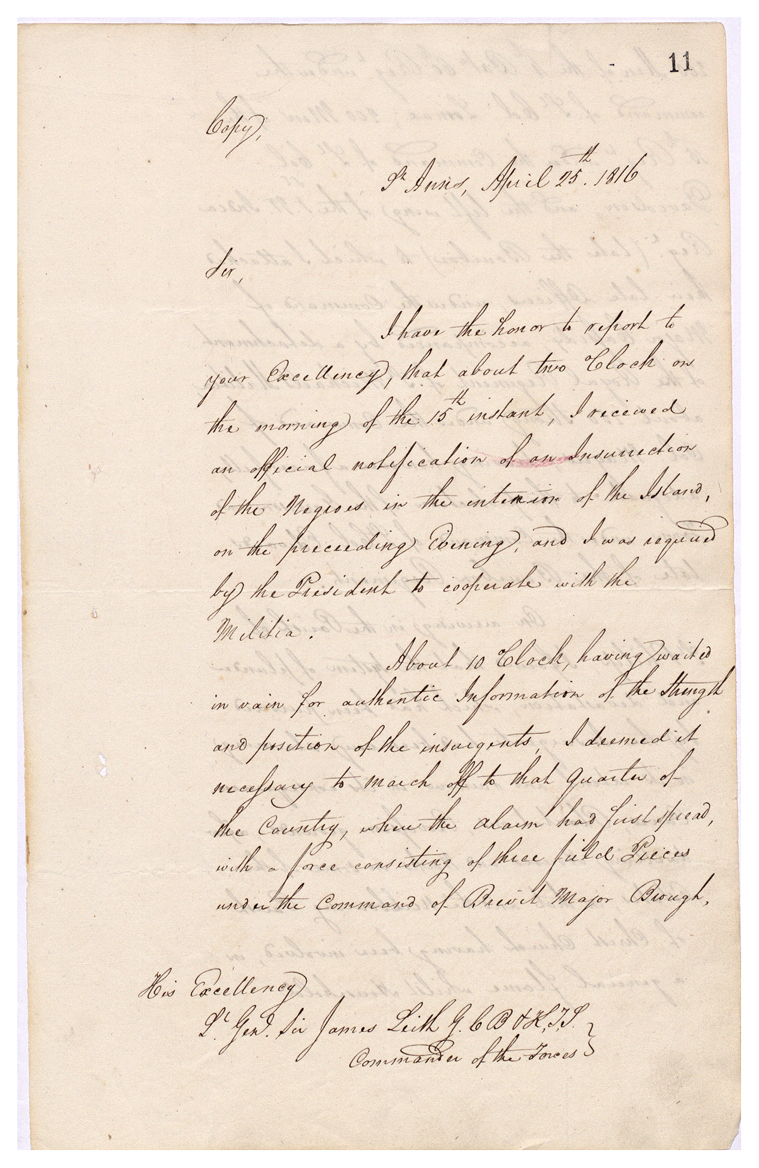 Letter from Colonel Edward Codd to James Leith, his report of the insurrection. (CO 28/85)