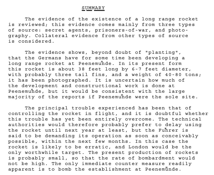 An extract from Air Scientific Intelligence Interim Report on German Long-range Rockets, 26 June 1943 (DEFE 40/12)