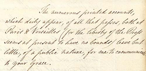 A letter from a Mr Jenkinson in Paris, dated 15 July 1789 (FO 27/32)