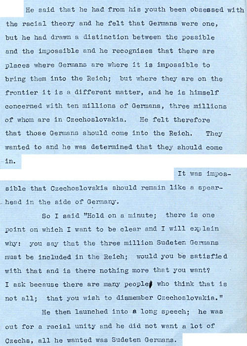 Extracts from the Minute of the conversation between Neville Chamberlain and Adolf Hitler at Berchtesgaden (FO 371/21738)