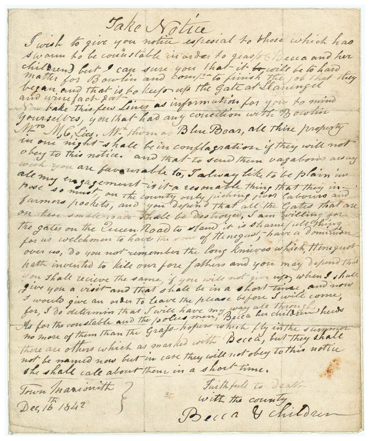 Llythyr gan Beca, Rhagfyr 1842 (HO 45/265 f.1)