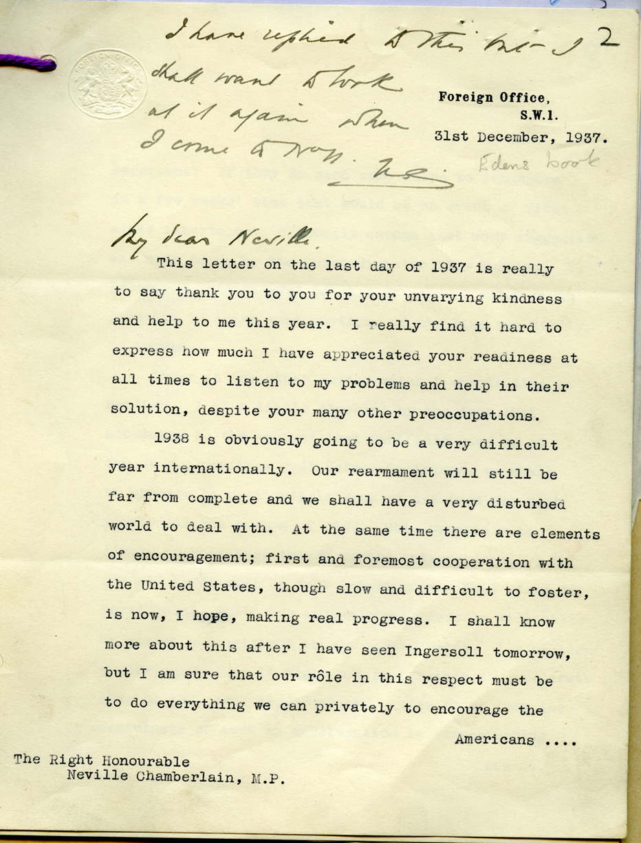 Letter from Anthony Eden to Neville Chamberlain, 1937 (PREM 1/210)