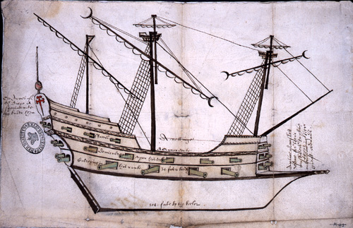 Drawing of a Spanish frigate showing measurements and armament (SP 9/205/1)