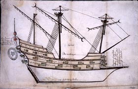 Drawing of a Spanish frigate showing measurements and armament (SP 9/205/1)