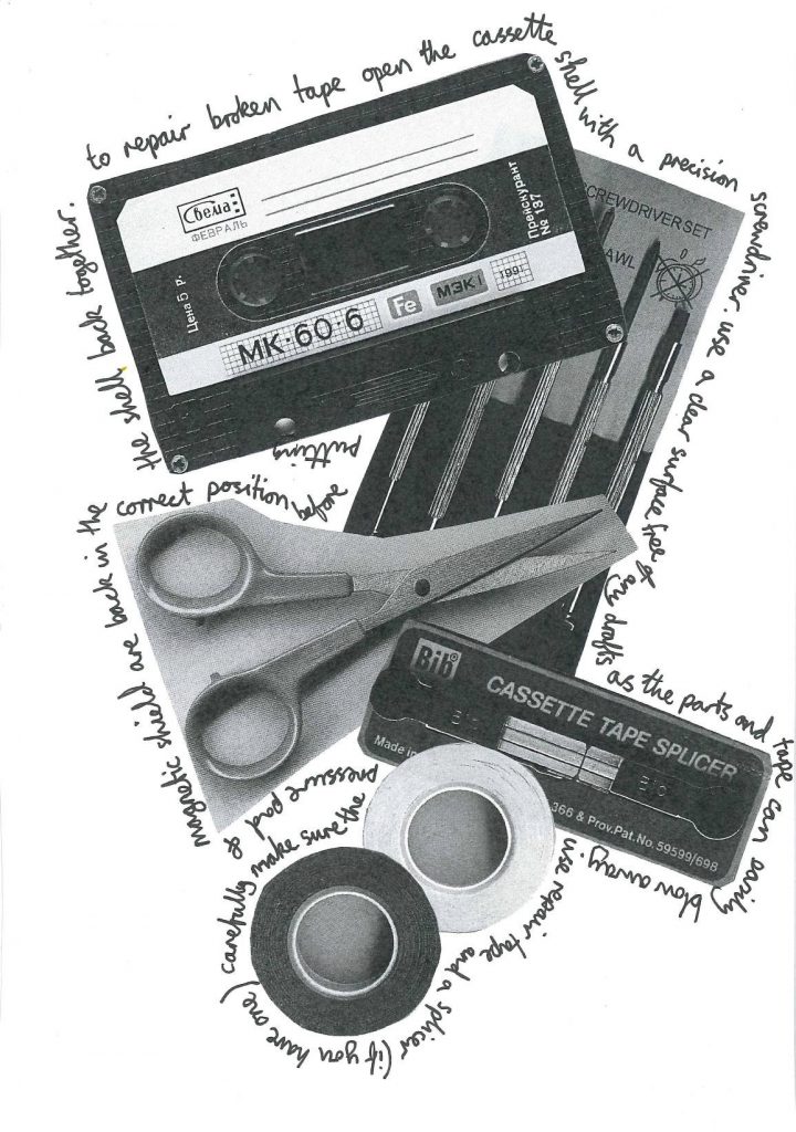 A monotone collage of cassettes, scissors and other tools with handwriting around it
