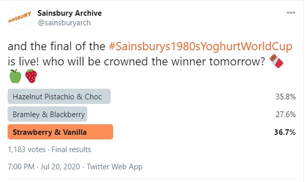 The final tweet by Sainsbury Archive revealing the winner of the yoghurt world cup