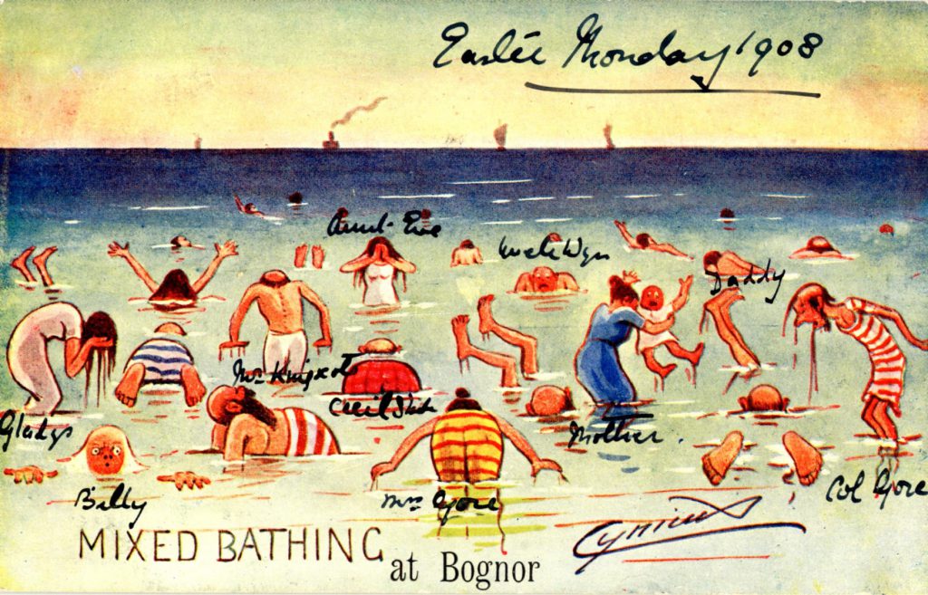 A postcard showing swimmers in the sea, each annotated in pen with a person's name and the title 'Easter Monday 1908'