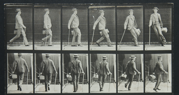 A sequence of ten photographs showing a man in a boating hat, with a cane and a bag, walking and turning. The first five show him side on; the second five show him from behind. They are part of a collection of 'motion pictures' from 1887, registered for copyright by Eadweard Muybridge (catalogue reference COPY 1/383/53).