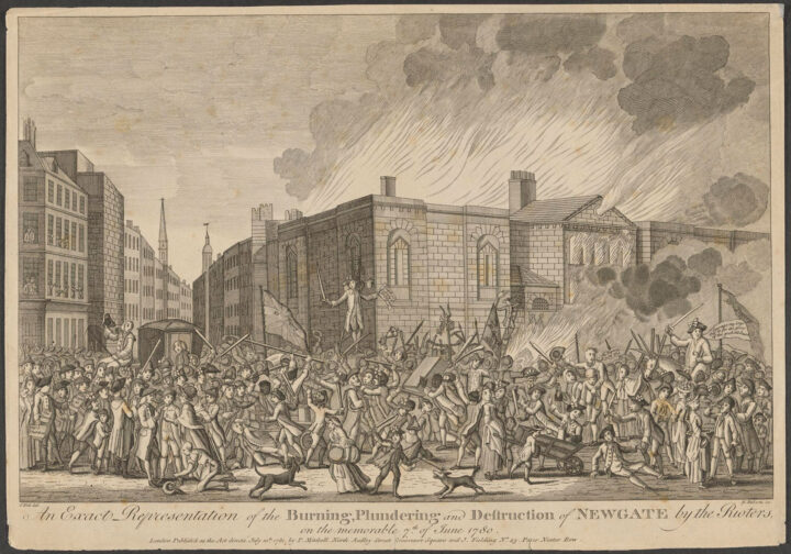 An etching entitled: ‘An exact representation of the burning, blundering and destruction of Newgate by the rioters on the memorable 7th of June 1780, published July 10th, 1781. A large crowd is shown rioting in front of a large brick building, Newgate prison which is partly in flames. More details about the crowd are given in the image description on webpage. 