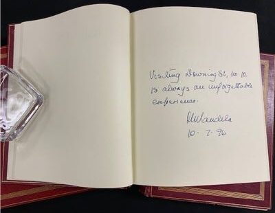 Message from Nelson Mandela saying visiting Downing Street is always an unforgettable experience, with his signature July 10,1996