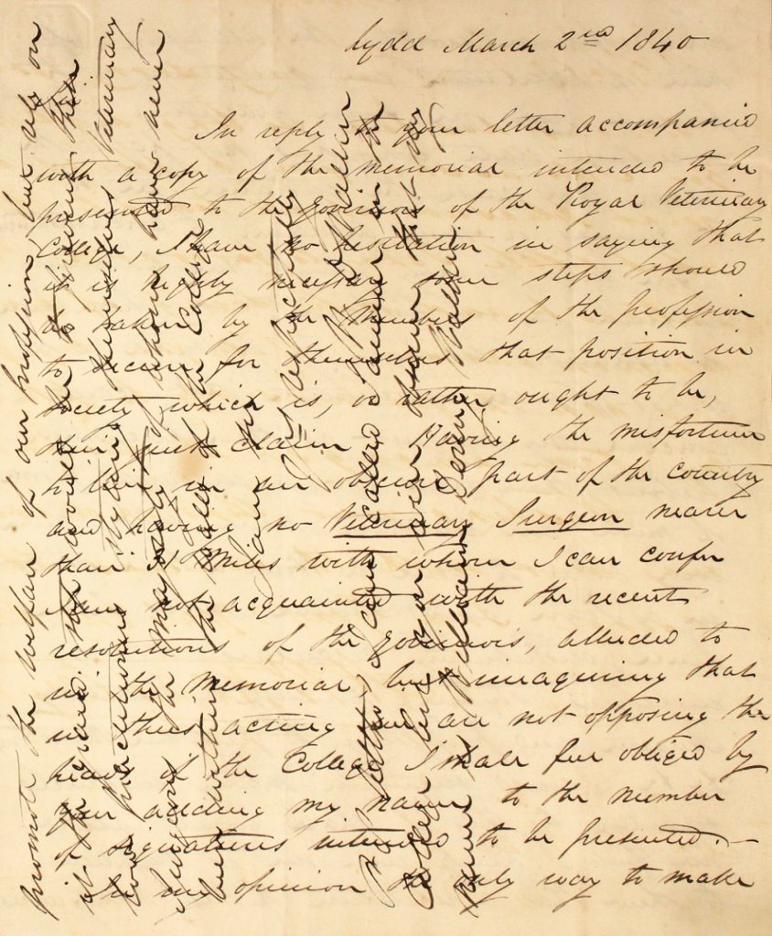 A manuscript letter written in support of veterinary reform in 1840