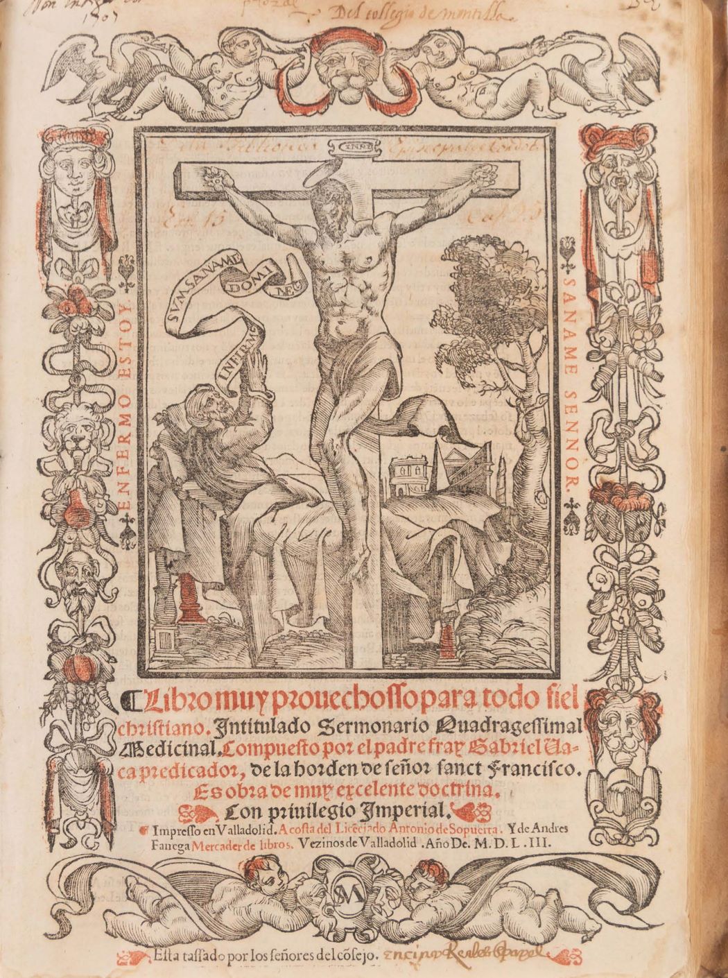 A volume's title page featuring a woodcut overprinted in red depicting a bed-bound invalid appealing to Christ on the cross