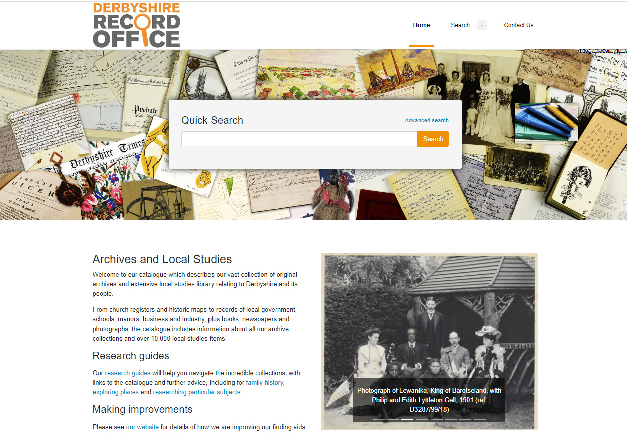 A screenshot of the Derbyshire Record Office website