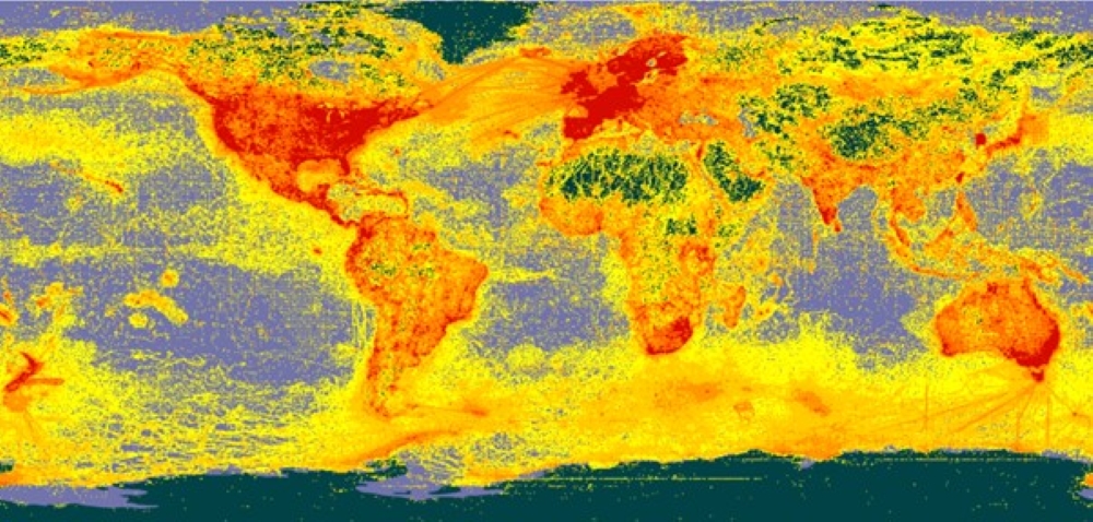 World map displaying data points through colour, ranging from deep red for high numbers (such as North America and Europe) to green for low numbers.
