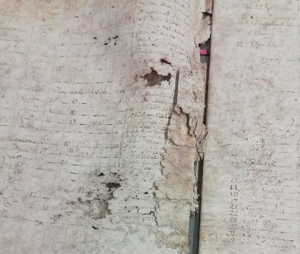 An original handwritten and tabulated record. Holes in the document and deterioration of the edges is very apparent.