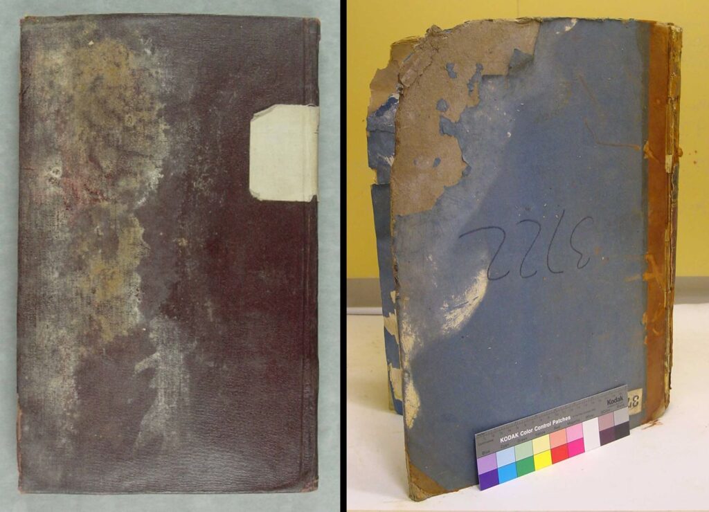 Two severely damaged bound documents, shown side by side. Clear tide marks can be seen on both.