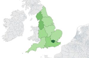 A map of the UK, with regions of England in various shades of green. The rest of the UK is coloured grey.