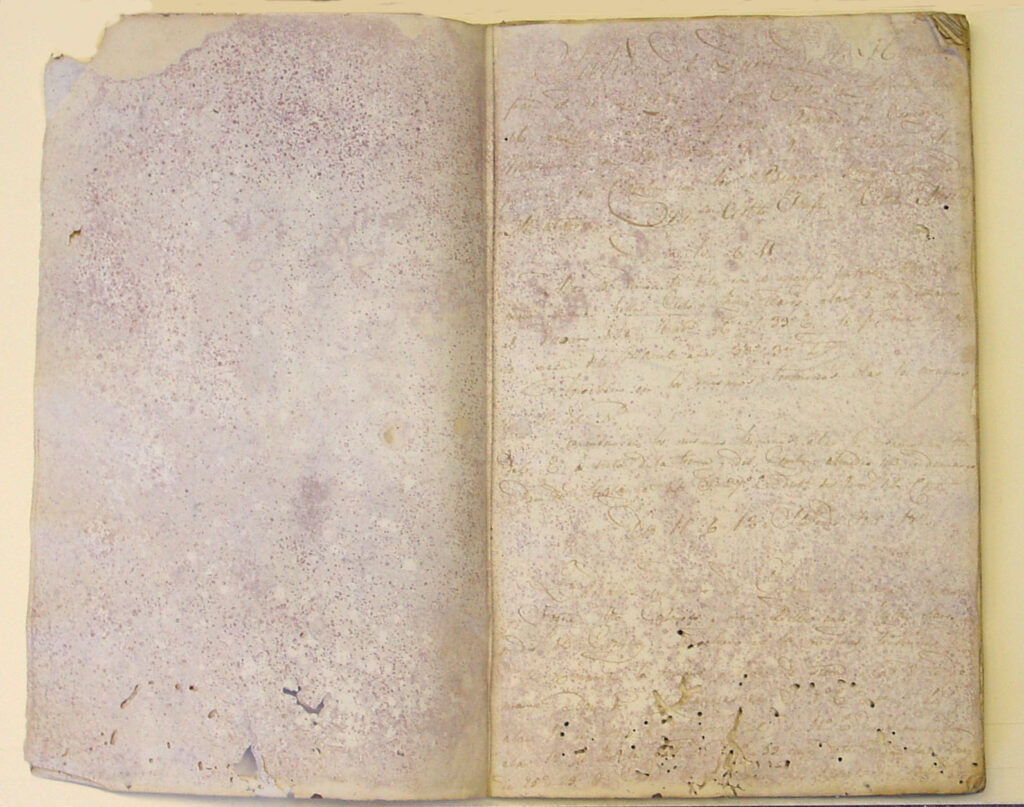 An aged manuscript book, opened to reveal severe discolouration and mould staining.