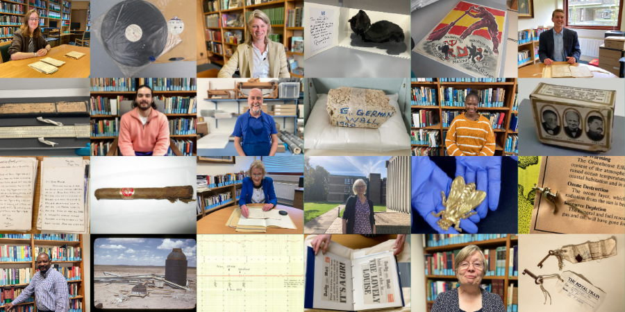 A montage of people posing for photos and objects, such as newspaper clippings, a cigar, a black toy cat, a piece of rubble with 'E. German Wall 1990' written on it, and a vinyl record.