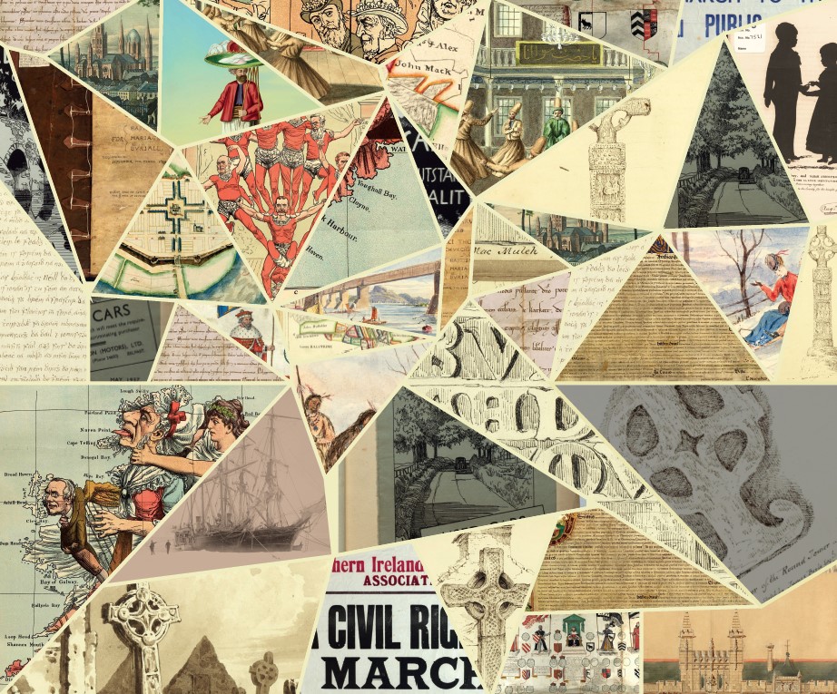 A montage made up of triangular and other geometric shapes, displaying sections of different records such as illustrations, posters, and maps.