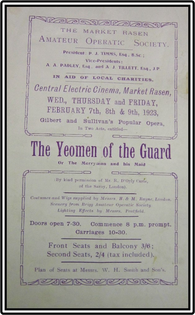 An advert for The Yeoman of the Guard in the local paper, purple writing on beige background